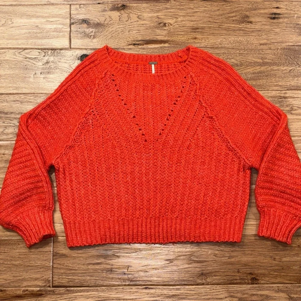 Free People Carter Fuzzy-Knit Pullover Sweater Red Hot OverSized Women's XS